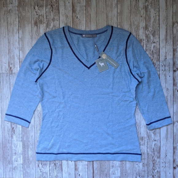 InCashmere Cashmere Blend V-Neck 3/4 Sleeve Sweater, Blue & Navy L NWT - Picture 3 of 5